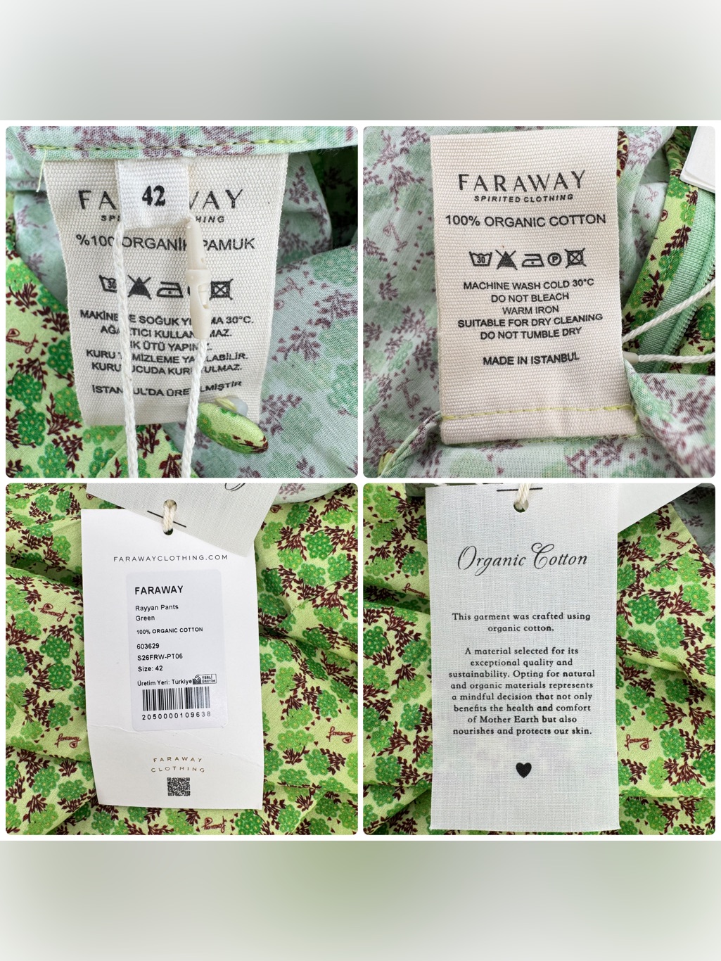 Faraway Spirited Clothing Rayyan Pants Green Floral Sz 42 Us 10 Org Cotton Nwt — image 8 of 8